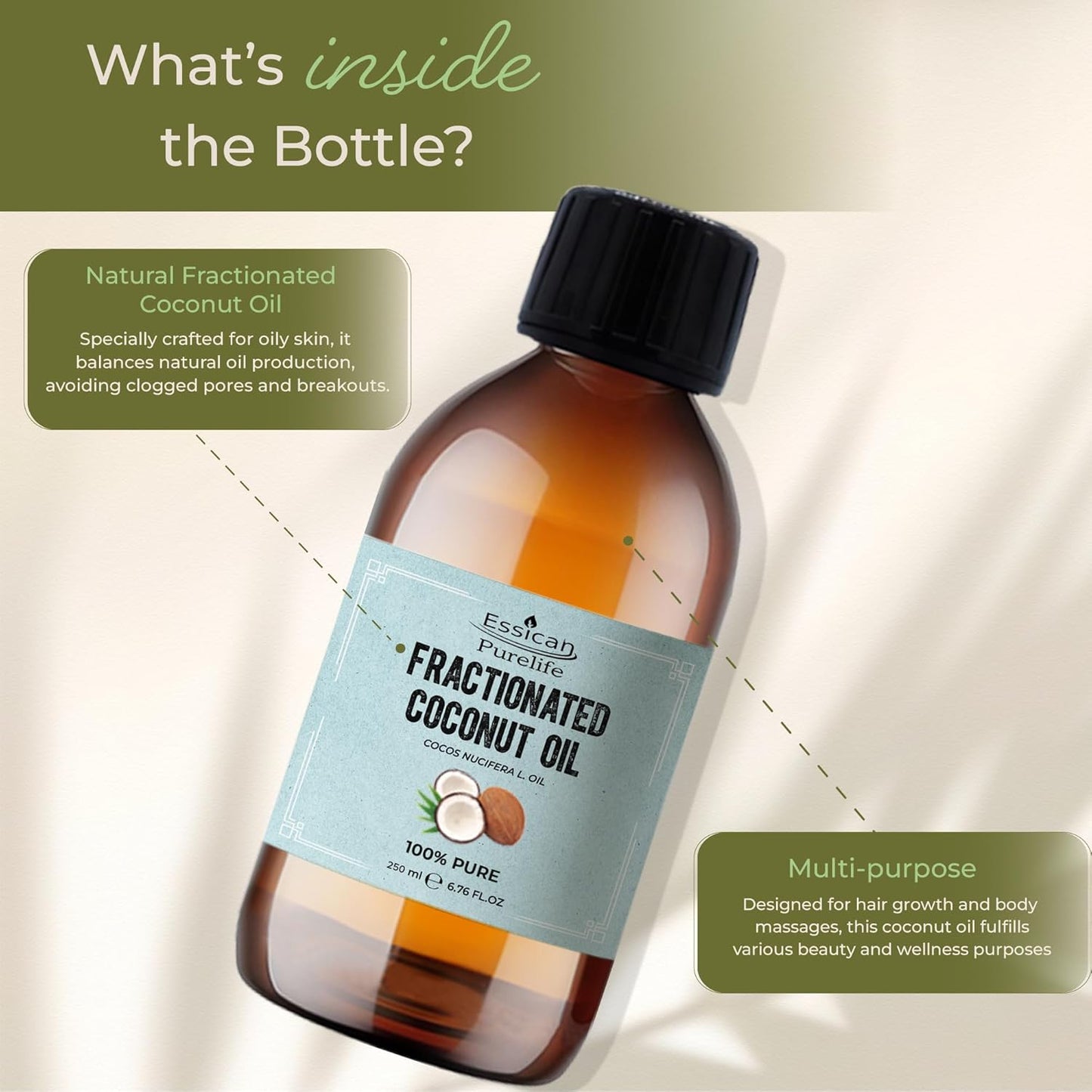 , Pure Coconut Oil Liquid, 250Ml MCT Fractionated Coconut Oil for Skin, Hair & Lip, Carrier Oils for Essential Oils Mixing & Massage, Supports Healthy Hair Growth & Hydrated Skin