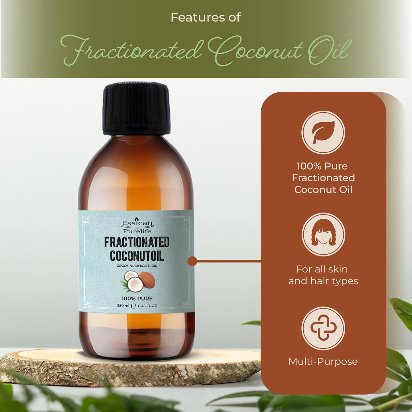 , Pure Coconut Oil Liquid, 250Ml MCT Fractionated Coconut Oil for Skin, Hair & Lip, Carrier Oils for Essential Oils Mixing & Massage, Supports Healthy Hair Growth & Hydrated Skin