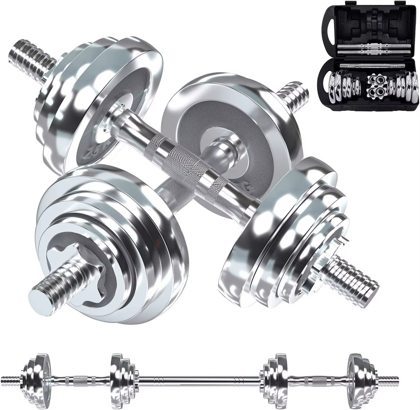 Fitness Dumbbells Set, Adjustable Weight Sets up to 44/66 Lbs, with Metal Connecting Rod Used as Barbell, Chromed Weig