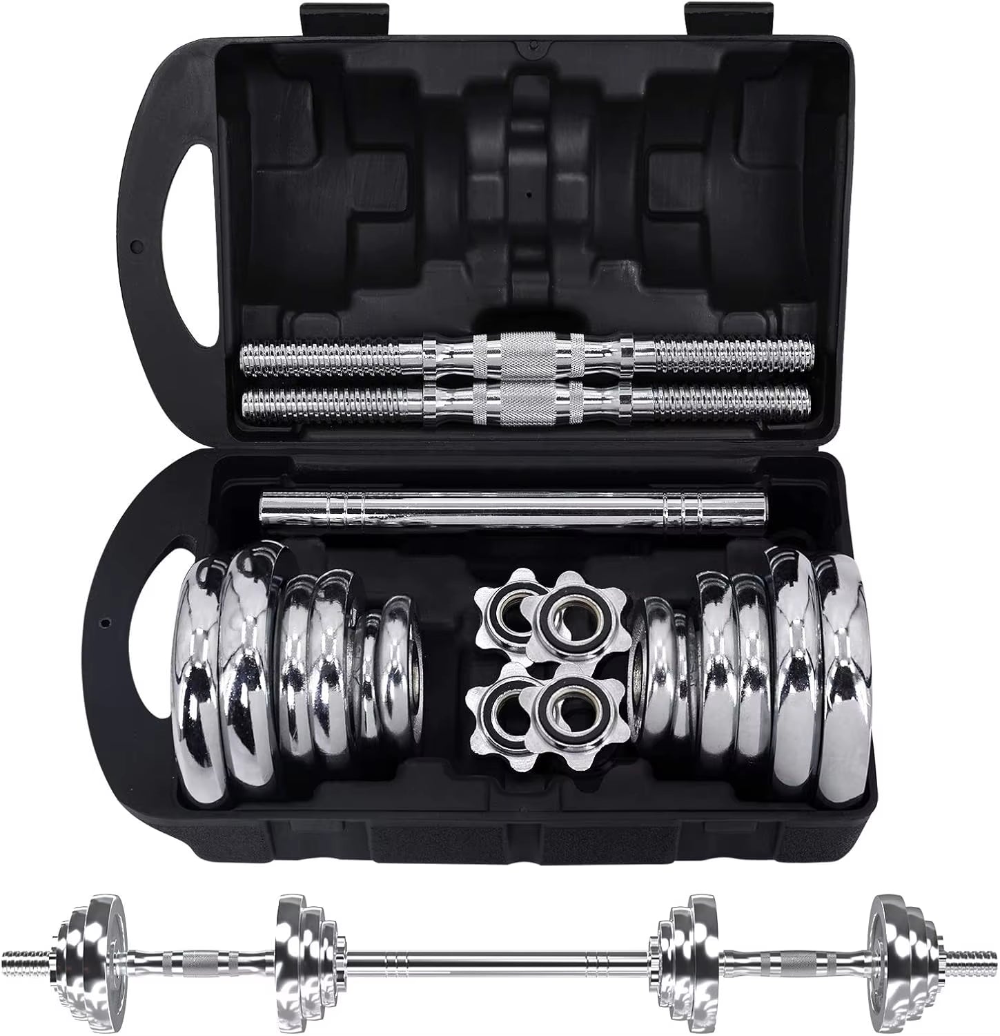 Fitness Dumbbells Set, Adjustable Weight Sets up to 44/66 Lbs, with Metal Connecting Rod Used as Barbell, Chromed Weig