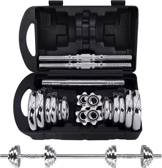 Fitness Dumbbells Set, Adjustable Weight Sets up to 44/66 Lbs, with Metal Connecting Rod Used as Barbell, Chromed Weig