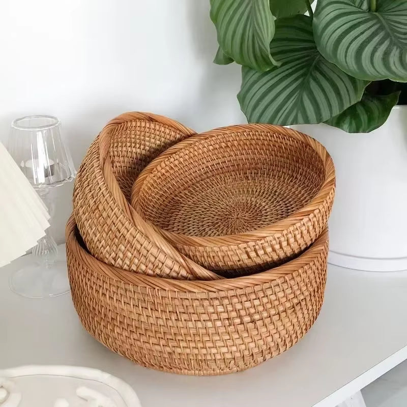 Round Rattan Woven Basket, Wicker Fruit Basket, Bread Food Kitchen Home Decor Organizer, Breadbasket for Kitchen