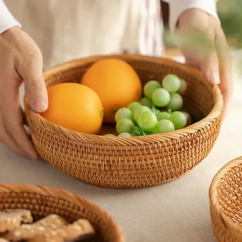 Round Rattan Woven Basket, Wicker Fruit Basket, Bread Food Kitchen Home Decor Organizer, Breadbasket for Kitchen