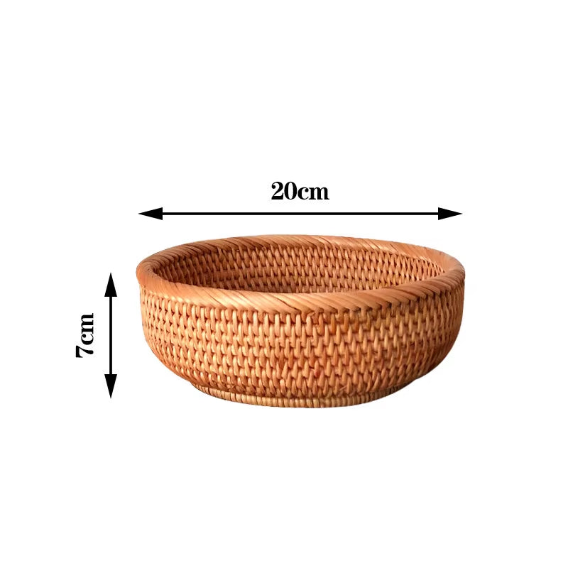 Round Rattan Woven Basket, Wicker Fruit Basket, Bread Food Kitchen Home Decor Organizer, Breadbasket for Kitchen