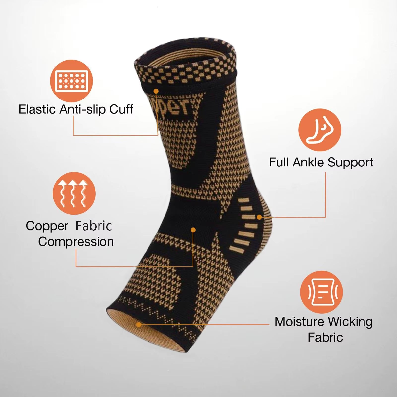 Compression Copper Ankle Brace Socks - Support Sleeve for Sprains, Plantar Fasciitis Relief & Arthritis - Unisex Foot Wrap