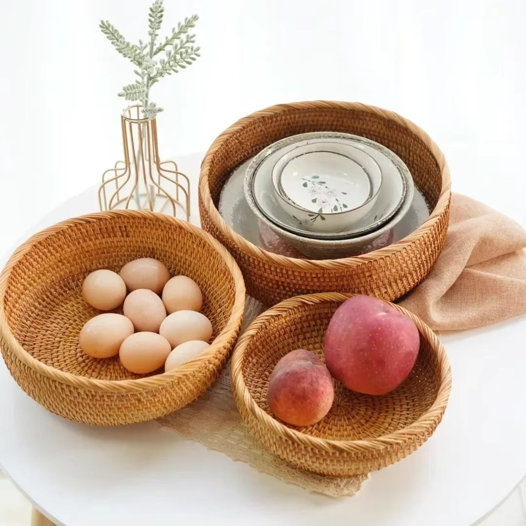 Round Rattan Woven Basket, Wicker Fruit Basket, Bread Food Kitchen Home Decor Organizer, Breadbasket for Kitchen