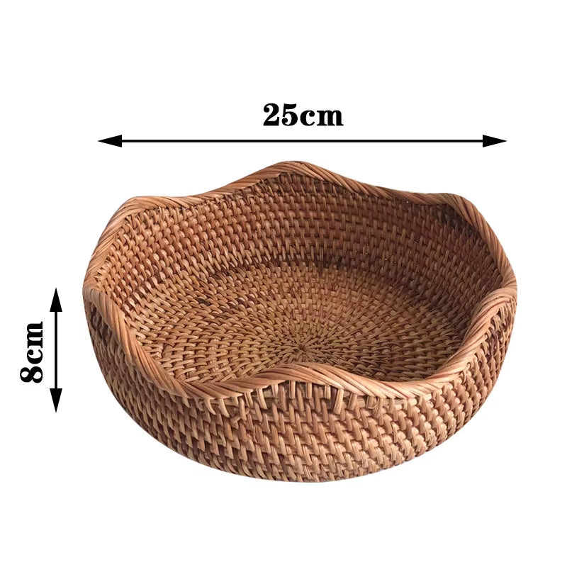 Round Rattan Woven Basket, Wicker Fruit Basket, Bread Food Kitchen Home Decor Organizer, Breadbasket for Kitchen