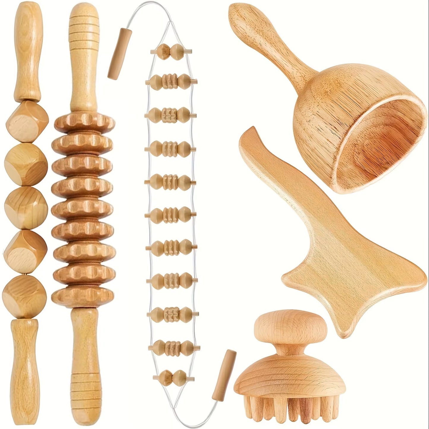 6Pcs Wood Therapy Kit Massage Tools Maderoterapia Kit Wood Massager Roller Wood Gua Sha Roller Manual Wooden Fascia Massage For