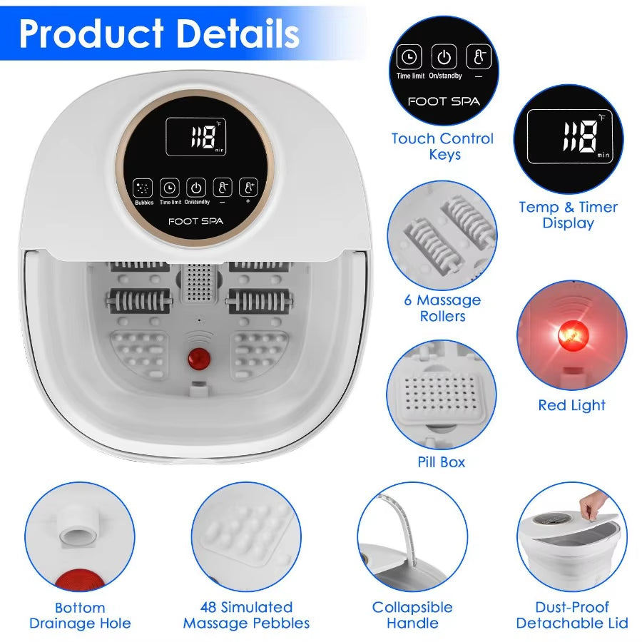 Collapsible Foot Spa Massager Electric Foldable Foot Soaker Tub with Remote Control Handle Surfing Bubbles 24 Heating Levels 6