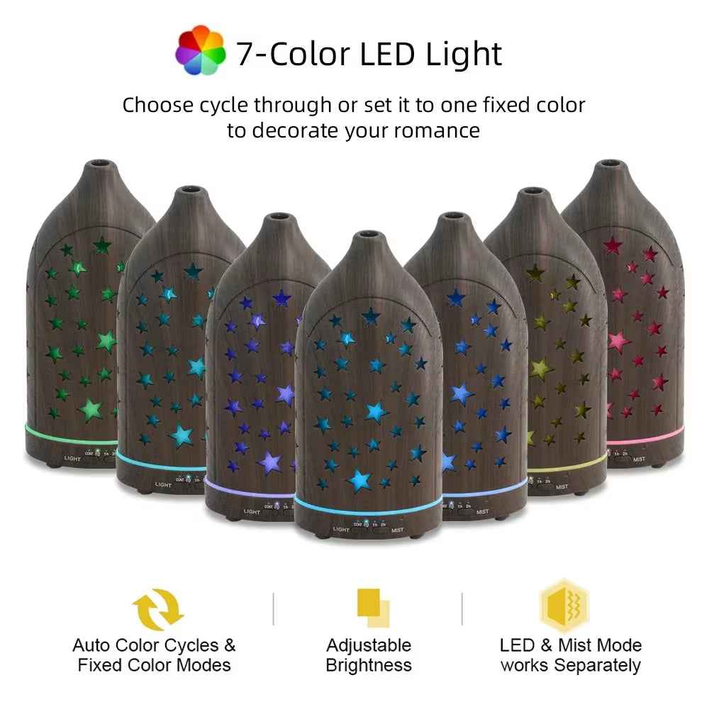 Star Hollow Diffuser 7 Color LED Lights, Ultra Quiet, Auto Shutoff for Home & Office