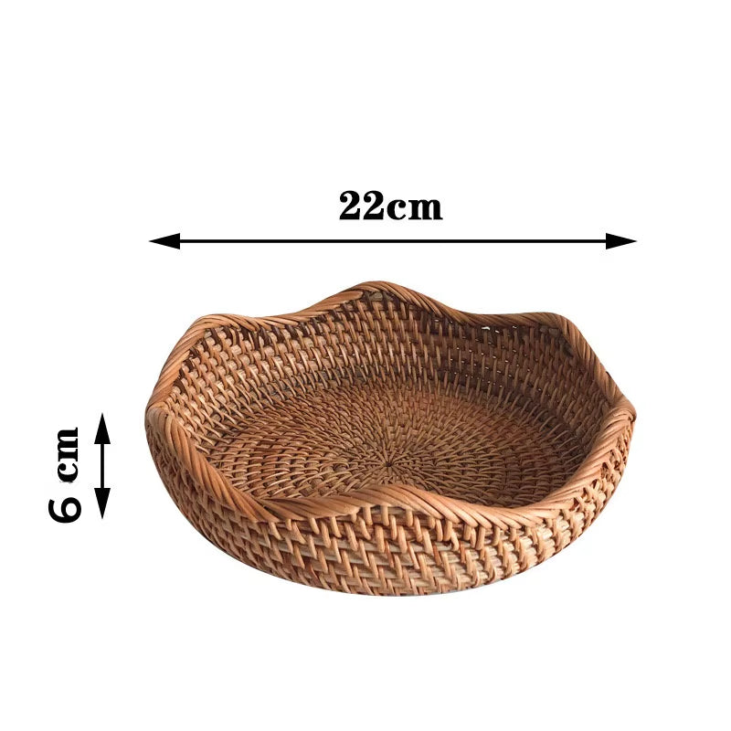 Round Rattan Woven Basket, Wicker Fruit Basket, Bread Food Kitchen Home Decor Organizer, Breadbasket for Kitchen