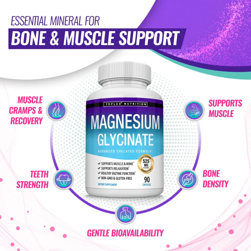 Magnesium Glycinate Complex, Highly Absorbed, Supports Muscle Relaxation and Recovery, Maximum Bioavailability, 90 Capsules