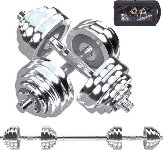 Fitness Dumbbells Set, Adjustable Weight Sets up to 44/66 Lbs, with Metal Connecting Rod Used as Barbell, Chromed Weig