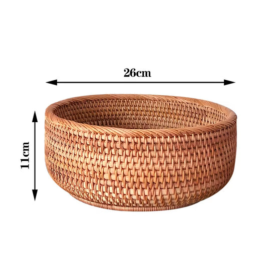 Round Rattan Woven Basket, Wicker Fruit Basket, Bread Food Kitchen Home Decor Organizer, Breadbasket for Kitchen