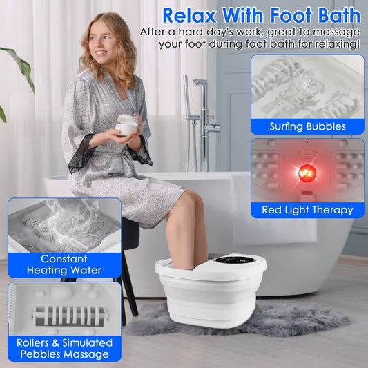 Collapsible Foot Spa Massager Electric Foldable Foot Soaker Tub with Remote Control Handle Surfing Bubbles 24 Heating Levels 6