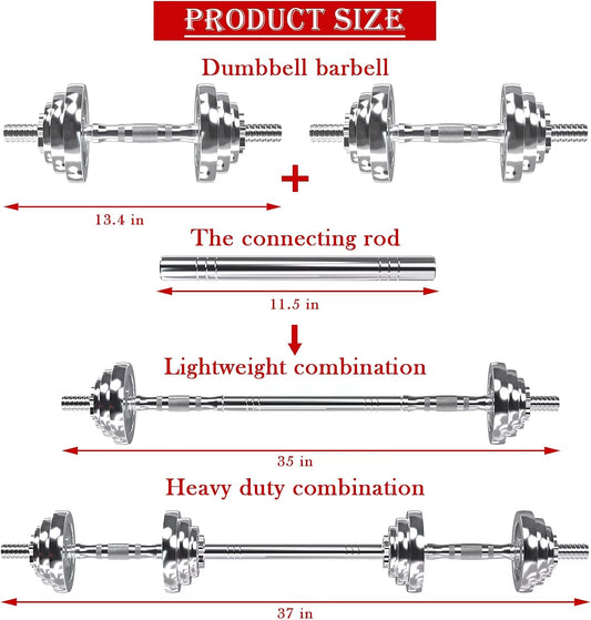 Fitness Dumbbells Set, Adjustable Weight Sets up to 44/66 Lbs, with Metal Connecting Rod Used as Barbell, Chromed Weig