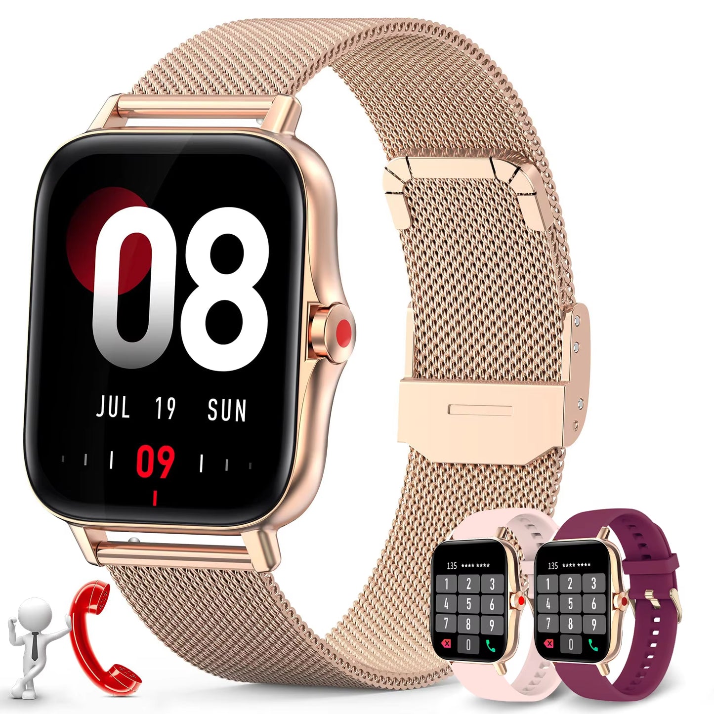 Ladies' Smartwatch, 1.69-Inch High-Definition Display Wireless Calling Fitness Tracker Sleep Monitoring Pedometer Calorie 100+Ex