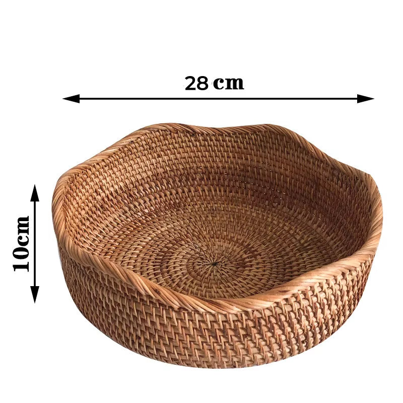 Round Rattan Woven Basket, Wicker Fruit Basket, Bread Food Kitchen Home Decor Organizer, Breadbasket for Kitchen